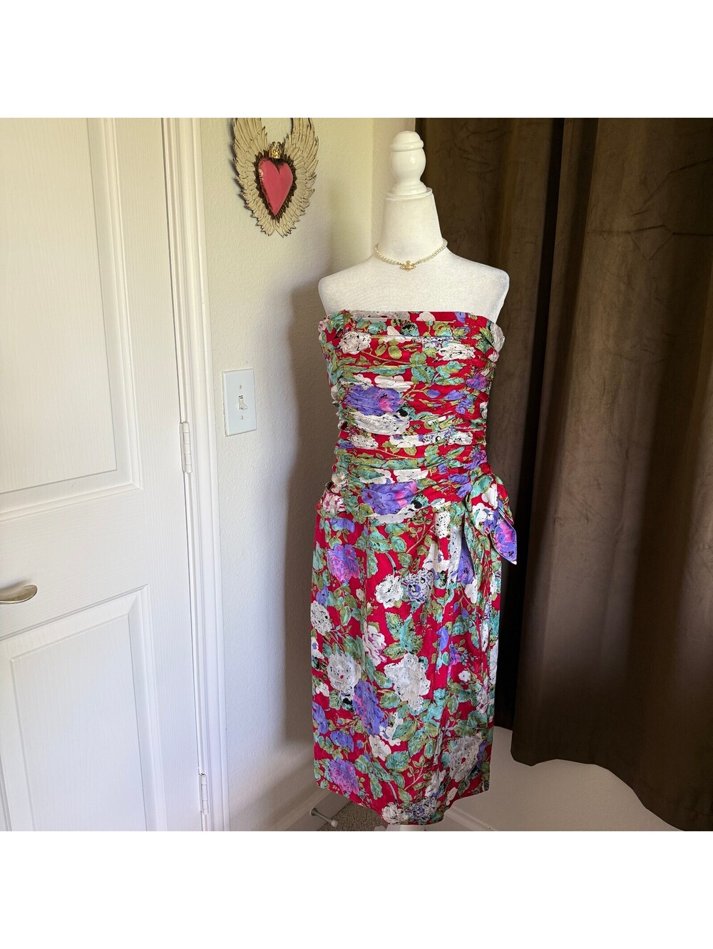 Vintage Silk Party Dress Strapless Frock 1980s Maddy London Red White Purple